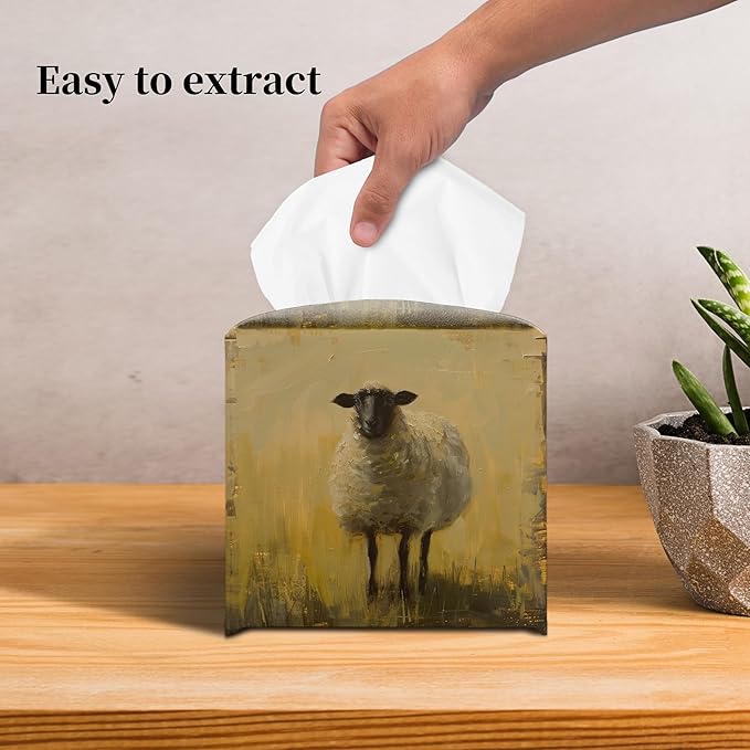 Grace Yonks Cute Sheep Tissue Box Cover Square, Farmhouse Cube Case for Facial Tissues, 5.2" PU Leather(069)