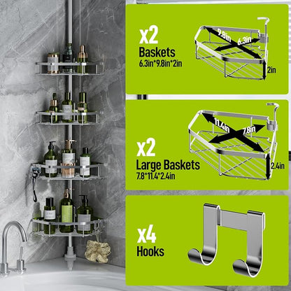 LAMU Shower Caddy Corner Tension Pole, Stainless Steel Shower Organizer, Strong Spring, 5 Adhesive Pads, 2.4 in Non-Slip Grid Base, Adjustable 4-Tier Basket, 4 Hooks, Fits Heights 37.8-124 in, Silver