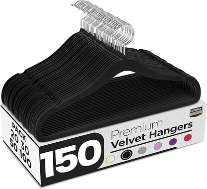 Utopia Home Velvet Hangers 150 Pack - Non-Slip Suit Hangers with 360 Degree Rotatable Hook - for Pants, Coats, Shirts & More (Black)