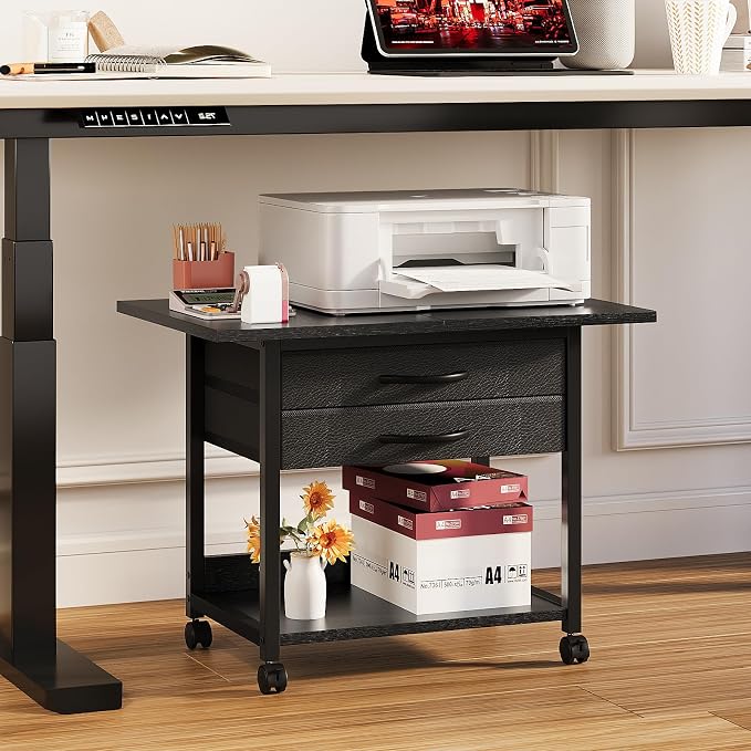 VENNQD Large Printer Stand with Storage Fabric Drawer Under Desk Printer Table with Wheels for Home Office, Printer Cart fit Fax Machine Scanner 23.4"x15.7" (Black, 2 Tiers)