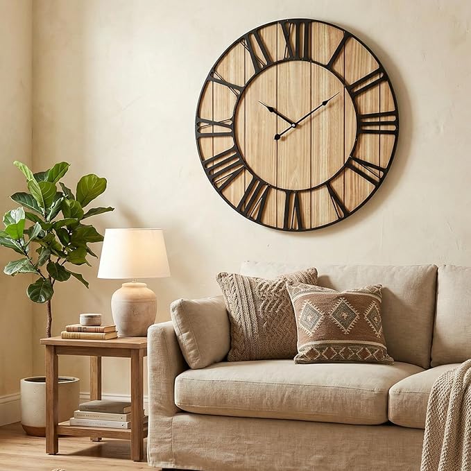 EMAX HOME Large Farmhouse Wall Clock 24 Inch Vintage Brown Wooden Wall Clock with Quiet Ticking and Minimalist Roman Numerals for Bedroom Living Room Office Kitchen Home Decor, Battery Operated