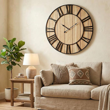 EMAX HOME Large Farmhouse Wall Clock 24 Inch Vintage Brown Wooden Wall Clock with Quiet Ticking and Minimalist Roman Numerals for Bedroom Living Room Office Kitchen Home Decor, Battery Operated