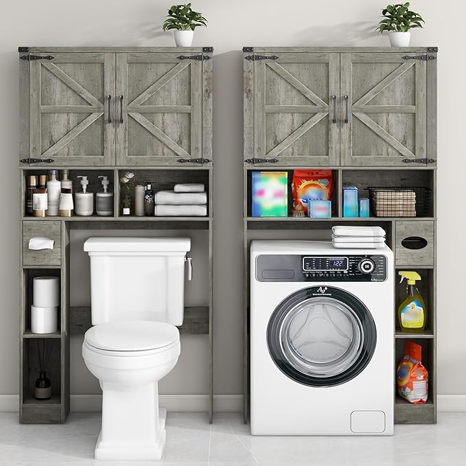Vabches Over The Toilet Storage Cabinet, Farmhouse Storage Cabinet Over Toilet with 2 Barn Doors & Toilet Paper Holder Stand，Home Space-Saving Toilet Rack, for Laundry, Bathroom, Restroom.Grey Oak
