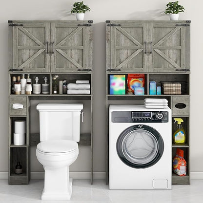 Vabches Over The Toilet Storage Cabinet, Farmhouse Storage Cabinet Over Toilet with 2 Barn Doors & Toilet Paper Holder Stand，Home Space-Saving Toilet Rack, for Laundry, Bathroom, Restroom.Grey Oak