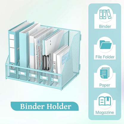 SUPEASY Desk Organizers Metal Desk Magazine File Holder with 5 Vertical Compartments Rack File Organizer for Office Desktop, Classroom, Home Workspace, Blue Plus