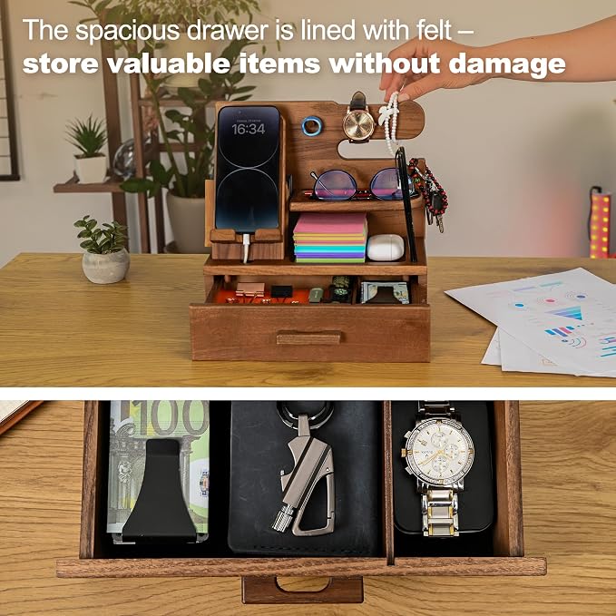 TESLYAR Wood Phone Docking Station with Drawer - Nightstand Organizer - Desk Organizer for Husband - Birthday Gifts for Men, Dad, Anniversary Idea, Key Holder Stand Watch & Accessories (Desert Beige)