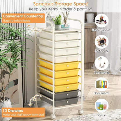 RELAX4LIFE 10 Drawer Rolling Cart, Slim Storage Cart w/Lockable Wheels for Classroom School Teacher Office, Art Supplies Paper Scrapbook Craft Organizers, Utility Cart with Drawers (Yellow)