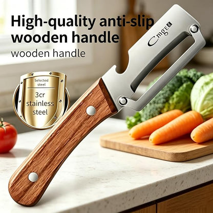 2-in-1 Vegetable Peeler with Built-in Bottle Opener, Sharp Stainless Steel Potato & Fruit Peeler, Ergonomic Wooden Handle Kitchen Gadget for Home, BBQ, Camping
