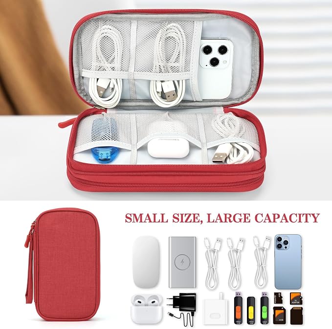FYY Electronic Organizer, Travel Cable Organizer Bag Pouch Electronic Accessories Carry Case Portable Waterproof Double Layers Storage Bag for Cable, Cord, Charger, Phone, Earphone, Medium Size, Red