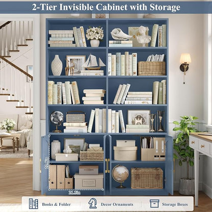 FACBOTALL Bookshelf and Bookcase with Doors, 6 Tier Double Wide Large Bookshelves, Open Display Shelves, 73'' Tall Bookshelf with Storage Cabinets for Home Office, Living Room, Library, Blue