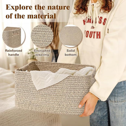 3 Pack Large Storage Basket for Organizing, 17.5"x13.5"x7.5" Woven Basket for Shelves, Closet Cube Storage Bins with Wrapped Handle, Cotton Rope Baskets for Kitchen, Clothes, Toys(Natural)