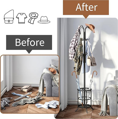 FILWH Coat Rack Freestanding with Umbrella Stand Coat Rack Stand with 12 Hooks Metal Coat Tree Coat and Hat Hanger Jacket Entryway(Black)