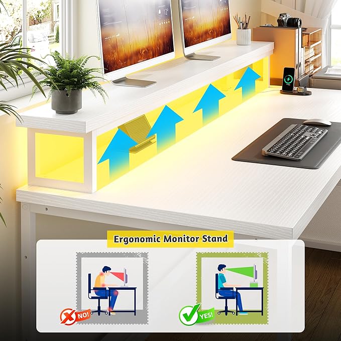 Computer Desk with Drawers,Office Desk with Printer Shelf & Monitor Stand,Gaming Desk with Power Outlets & LED Lights,Corner Table with Side Storage Bag, White