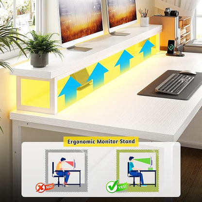 Computer Desk with Drawers,Office Desk with Printer Shelf & Monitor Stand,Gaming Desk with Power Outlets & LED Lights,Corner Table with Side Storage Bag, White