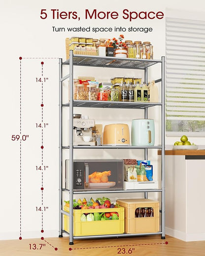 Sakugi Storage Shelves - 5-Tier Metal Storage Shelves with Wall Anchoring Kit & Leveling Feet, Sturdy Steel Shelf Organizer for Kitchen, Laundry Room, Bathroom, 23.6" x 13.7" x 59", Silver