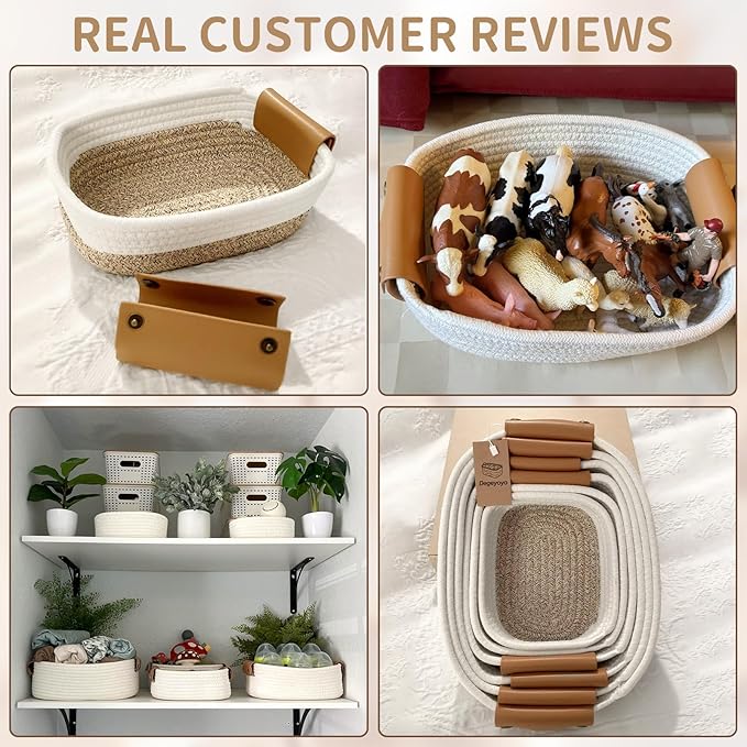 Storage Baskets for Organizing, Small Woven Basket Set of 4 - Cotton Rope Baskets for Shelves, Organizer Baskets are Ideal for Nursery, Bedroom, as Gift Basket Empty for Baby Shower, Festival