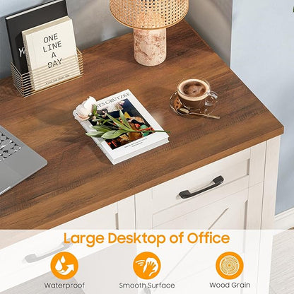 Vabches Farmhouse 55" Executive Desk,Computer Desk with 3 Drawers and Storage Cabinet,Home Office Desk for Work and Study