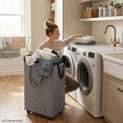 DOKEHOM 90L X-Large Laundry Basket with Removable Wash Bag on Wheels, Collapsible Rolling Laundry Hamper, Foldable Clothes Organizer, Folding Washing Bin (Linen Grey)