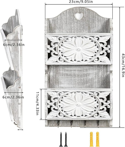 2-Slot Mail Organizer Wall Mount with 4 Hooks, Rustic Key and Mail Holder for Home Decorative, Wooden Key Hangers Wall File Organizer Letter Sorter for Letter Magazines