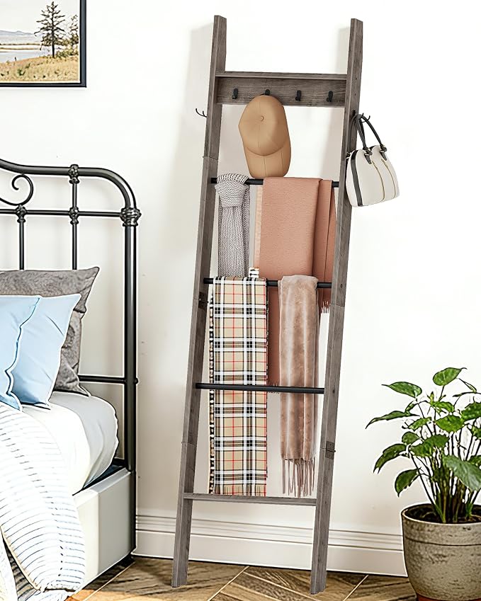 CHOEZON 5-Tier Blanket Ladder, Wooden Blanket Display Rack, Towel Ladder with Hooks, Wall Leaning Display Shelf, for Living Room, Bedroom, Balcony, Greige and Black MCJ02BG