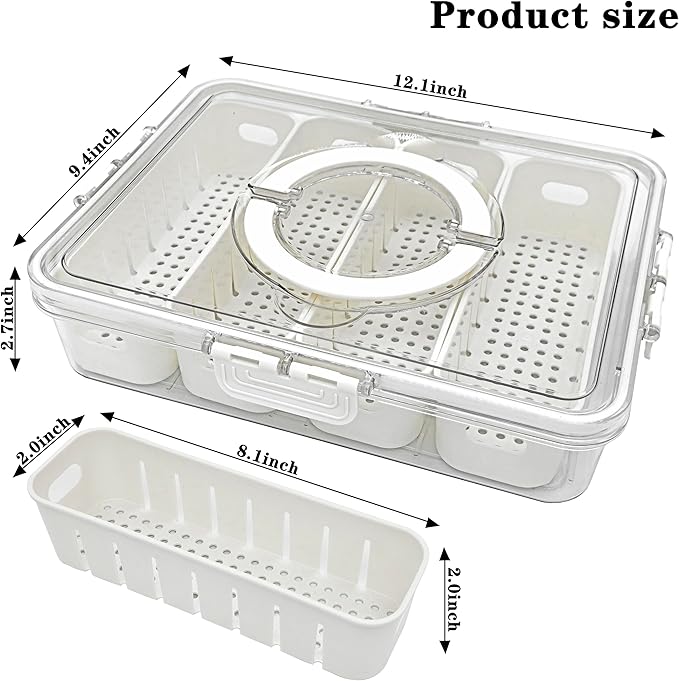 2Pack Divided Serving Tray with Lid and Handle Portable Snackle Box Charcuterie Container Clear Stackable food Organizer for Fruits Veggies for Fridge Party (2 Pack 4 Compartment with Handle)