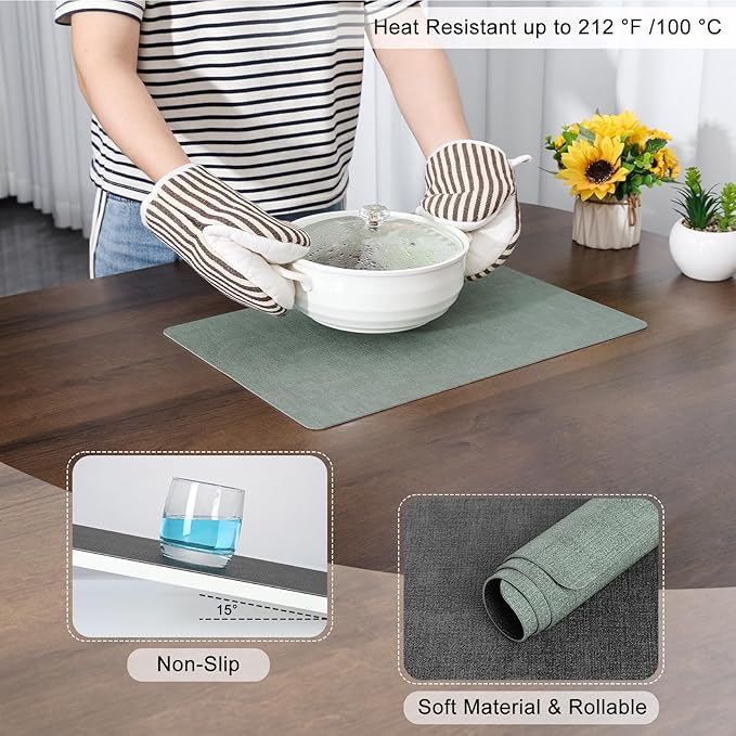Myir JUN Dual Sided Faux Leather Placemats Set of 4 for Indoor Outdoor Dining Tables, Square Non-Slip Washable Wipeable Table Mats (Gray Sage Green)