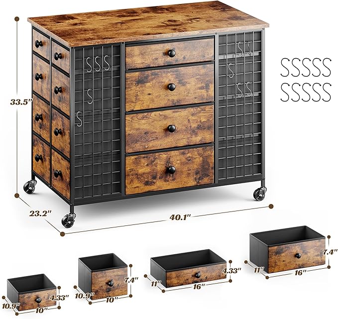 EnHomee 24 Drawers Dresser for Bedroom, Dressers & Chests of Drawers with 4 Wheels and 40" x 23" Wide Wooden Top, Metal Frame, Closet Island with Hooks, Cloakroom, Dressing Room, Rustic Brown