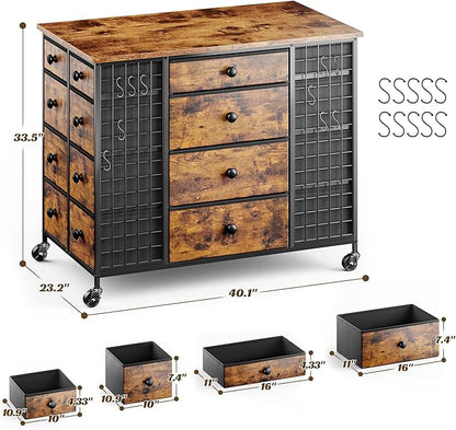 EnHomee 24 Drawers Dresser for Bedroom, Dressers & Chests of Drawers with 4 Wheels and 40" x 23" Wide Wooden Top, Metal Frame, Closet Island with Hooks, Cloakroom, Dressing Room, Rustic Brown