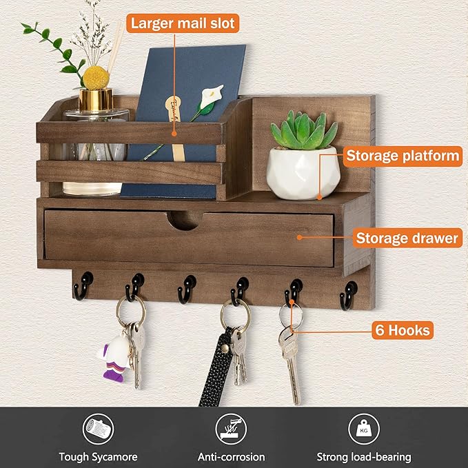 Key and Mail Holder for Wall, Mail Organizer Wall Mount with 6 Hooks and Storage Drawer, Wooden Key Rack Hanger with Shelf for Entryway and Home Decor