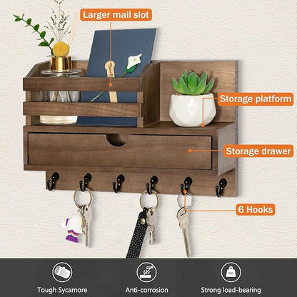 Key and Mail Holder for Wall, Mail Organizer Wall Mount with 6 Hooks and Storage Drawer, Wooden Key Rack Hanger with Shelf for Entryway and Home Decor
