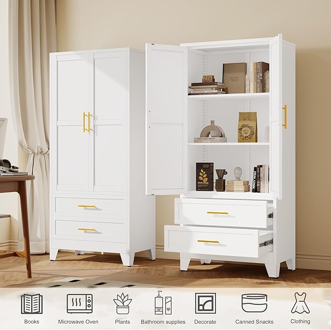 Steel Pantry Cabinet, 71" Metal Storage Cabinets with 2 Doors, 2 Adjustable Shelf and 2 Drawers, Freestanding Storage Cabinet for Bedroom, Kitchen, Home Office (White)
