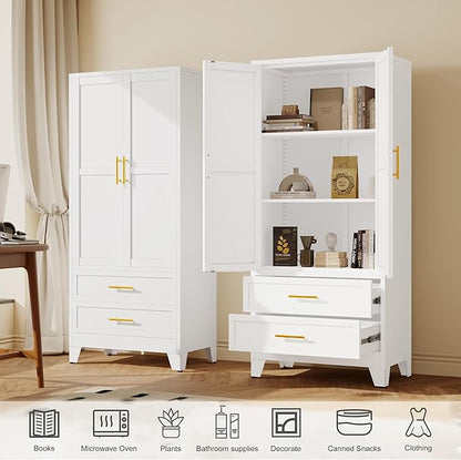 Steel Pantry Cabinet, 71" Metal Storage Cabinets with 2 Doors, 2 Adjustable Shelf and 2 Drawers, Freestanding Storage Cabinet for Bedroom, Kitchen, Home Office (White)