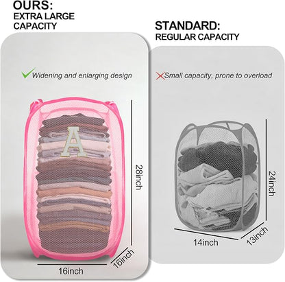 Collapsible Pop Up Laundry Hamper, Extra Large with Removable Initial Letter A, Mesh Foldable Laundry Basket, 28" x 16" x 16" (Pink)