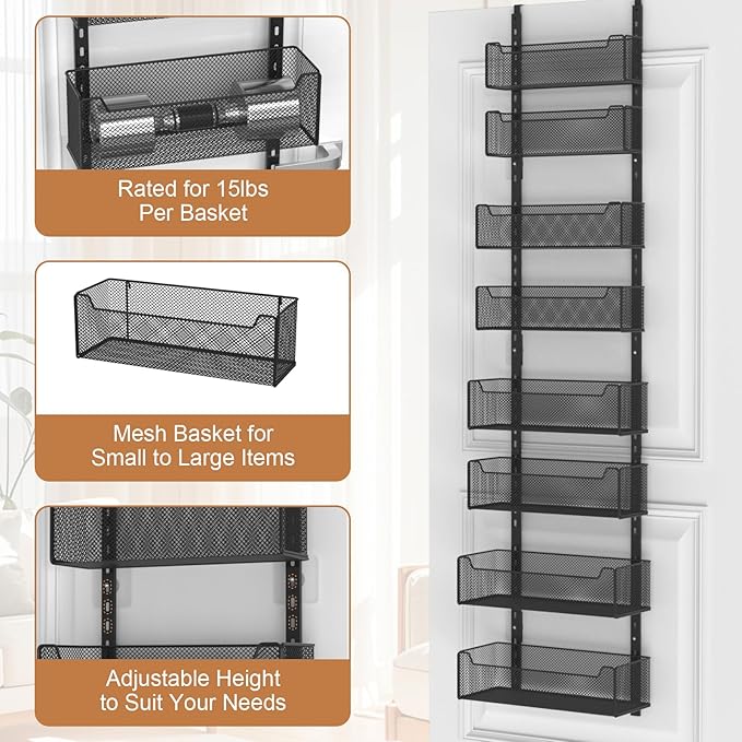 VyGrow Over The Door Organizer, 8-tier Metal Door Organizer Hanging with Adjustable Baskets, Behind The Door Storage for Bedroom Closet Bathroom Pantry Cabinet Kitchen, Black