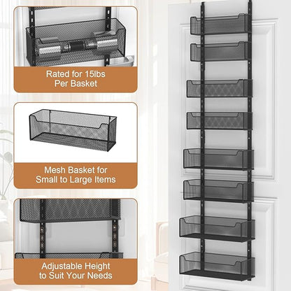 VyGrow Over The Door Organizer, 8-tier Metal Door Organizer Hanging with Adjustable Baskets, Behind The Door Storage for Bedroom Closet Bathroom Pantry Cabinet Kitchen, Black