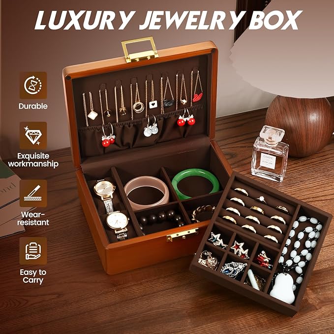 Solid Walnut Wood Jewelry Box with Lock,2 Layer Velvet Lined for Earrings Rings Necklaces Bracelets Watches,Both Style and Security, for Men Women,Vintage Brown