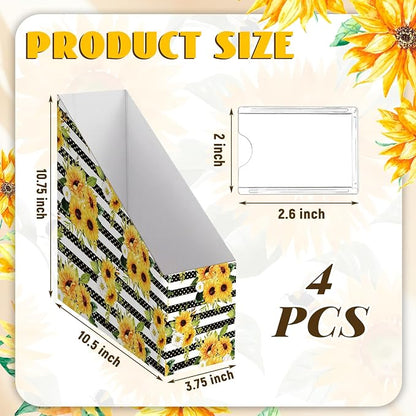 AmazingSpark Set of 4 Sunflower Magazine Holder Decorative Foldable Magazine Storage Boxes with Acrylic Label Holders Coquettish Boho Organizer for Office Home Organization Storage