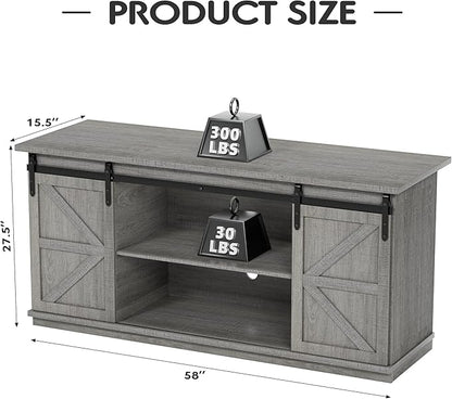 JUMMICO TV Stand for 65 Inch TV, Entertainment Center with Storage Cabinets and Sliding Barn Doors, Mid Century Modern Media TV Console Table for Living Room Bedroom (Pale Gray)