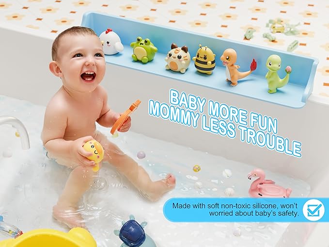 Cushore 3-Ft Bathtub Splash Guard PlayPad with Strong Suction Cups, Toy Tray Caddy Holder Storage, No-Leak, Mess-Free Bath Time for Kids, Blue