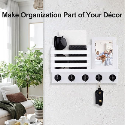 Lwenki Key Holder for Wall – Decorative Wooden Mail Holder and Key Shelf with Mounting Hardware, Installation Guide – Paulownia Wood with Metal Key Hooks (White, Large - 11.8inch)