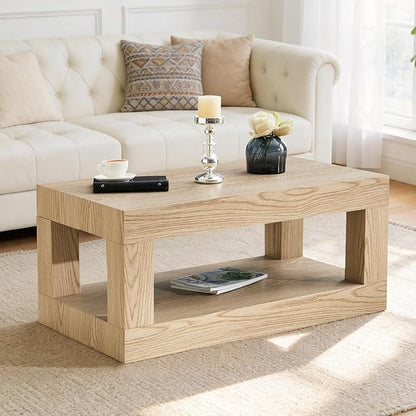 LKTART 39.37" Coffee Table with Storage, 2-Tier Mid Century Rectangular Accent Table with Thick Tabletop, Rustic Style Cocktail, Center Table for Living Room, Office, Apartment (Natural)