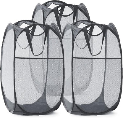 TECHMILLY Collapsible Mesh Pop Up Laundry Hamper with Sturdy Handles and Side Pocket - Portable Foldable Clothes Baskets for Dorm, Bathroom & Travel Storage (Grey, 3 Packs)