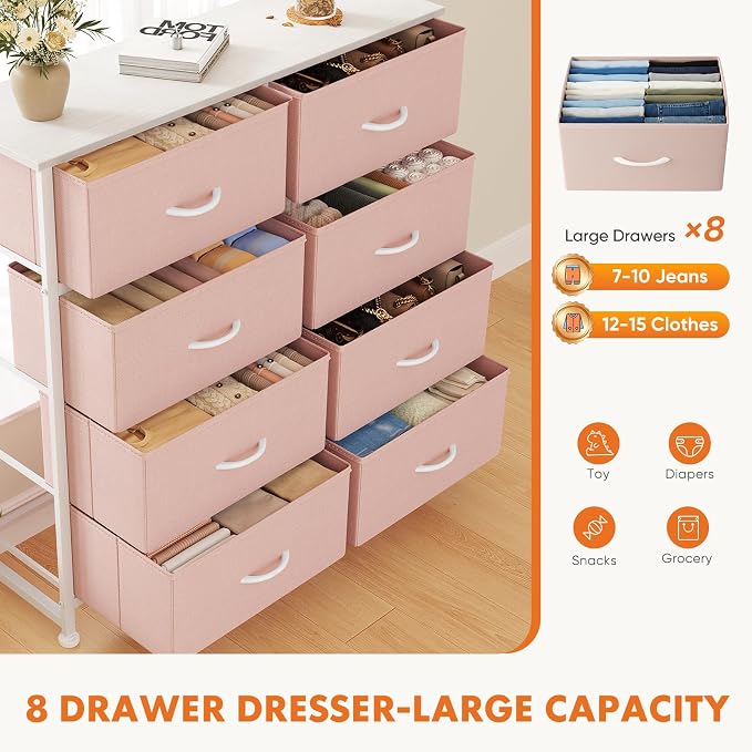 Sweetcrispy 8 Drawer Fabric Dresser for Bedroom, Tall Double Dresser Chest of Drawers with Sturdy Steel Frame and Wooden Top, Closet Living Room Storage Organizer with Easy Pull Handles,Pink