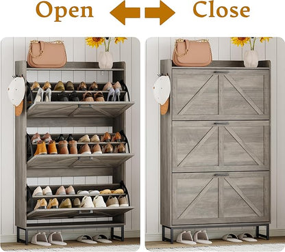 Shoe Cabinet Storage for Entryway, Shoe Storage Cabinet with 3 Flip Drawers, Freestanding Narrow Shoe Rack Organizer with Metal Legs for Foyer, Hallway, Grey