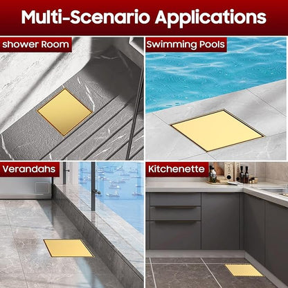 DLONE Square Shower Drain | 6 Inch Brushed Gold AISI 304 Stainless Steel Shower Drain with 2-in-1 Tile Insert Panel, Shower Floor Drain in Bathroom, Balcony etc