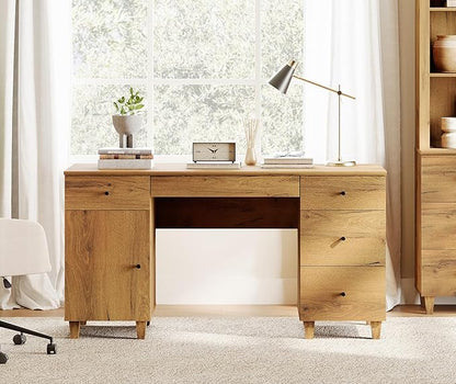 WAMPAT Executive Desk with Drawers & Storage Cabinet, 58 Inch Modern Wooden Office Desk with Charging Station & Keyboard Tray, Home Office Large Computer Desk, Work & Study Writing Desk, Oak Brown