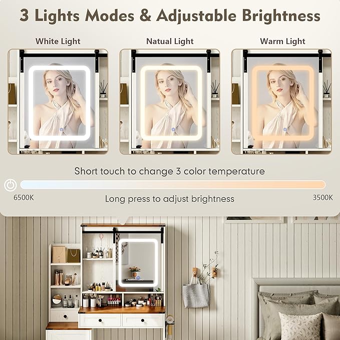KAMABOKO Vanity Desk with Mirror and Lights, Makeup Vanity Desk with Lights 3 Colors (041 Brown)