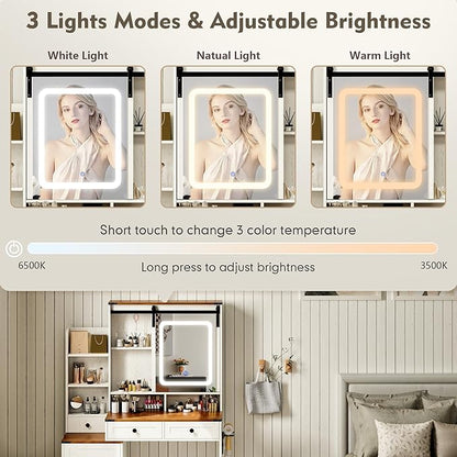 KAMABOKO Vanity Desk with Mirror and Lights, Makeup Vanity Desk with Lights 3 Colors (041 Brown)
