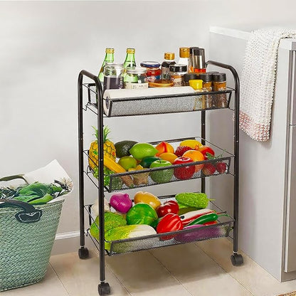 3 Tier Rolling Cart for Bathroom - Lightweight Metal Wire Storage Organizer with Wheels, Holds Toiletries & Cosmetics, Tool-Free Assembly, Black