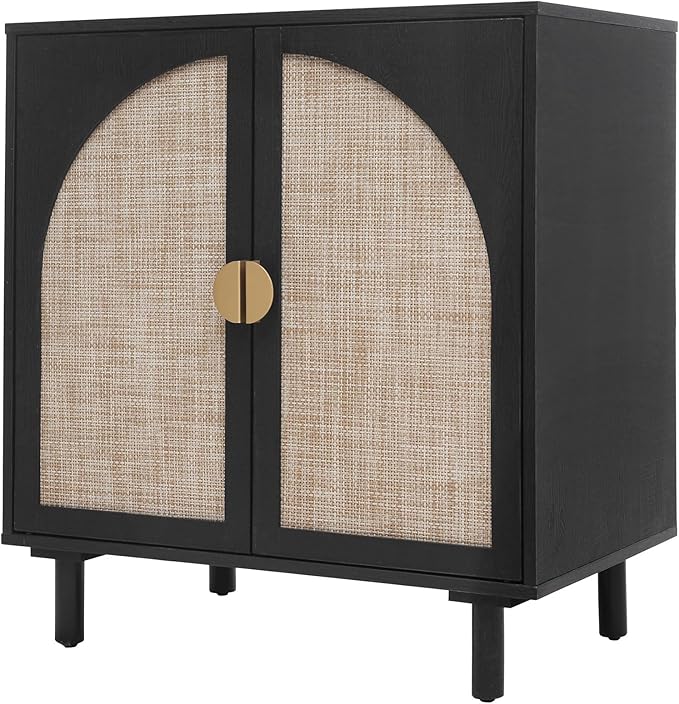 Black Rattan Cabinet-2-Doors,Sideboard Buffet Cabinet with Storage-Accent Storage Cabinet with Cane Door, Boho Wood Credenza for Dining Room, Bathroom, Study, Kitchen